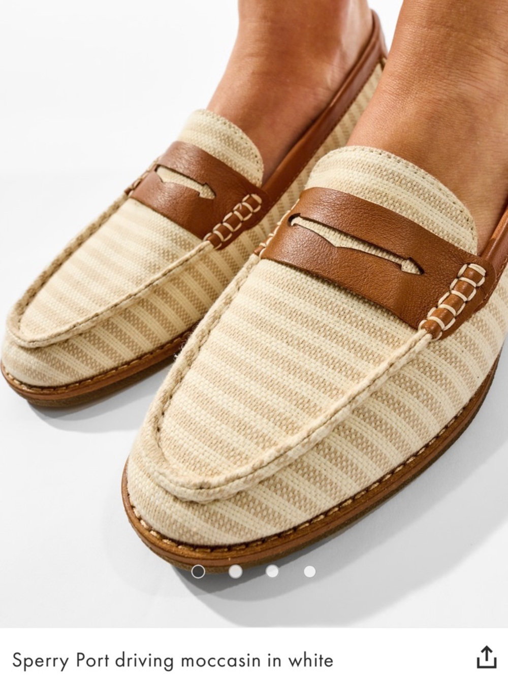 Sperry Cream Woven Penny Loafers with Brown Leather Trim